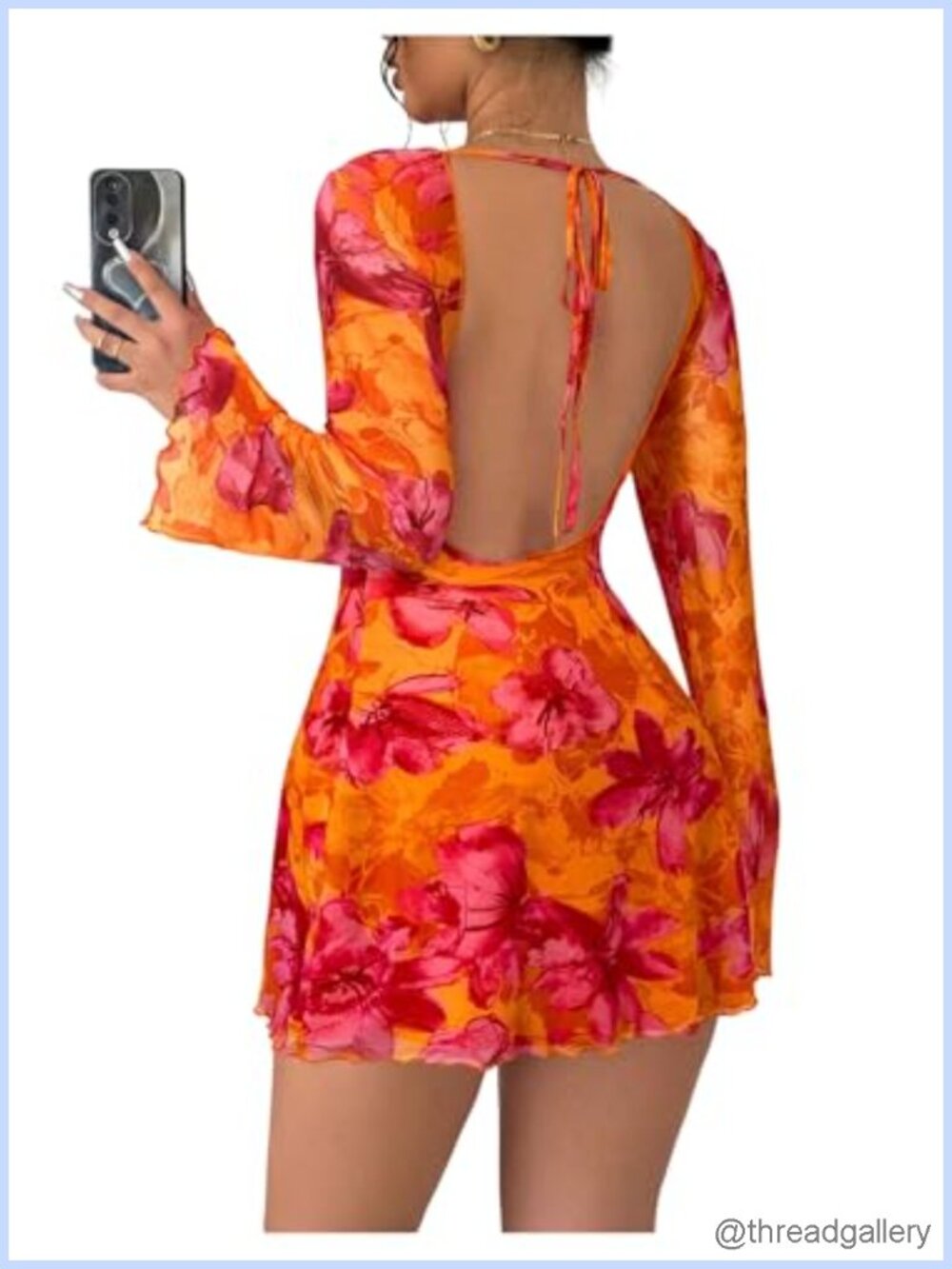 Women Mini Dress Tropical Floral Print Long Sleeve Short Dress Y2K Tie Back